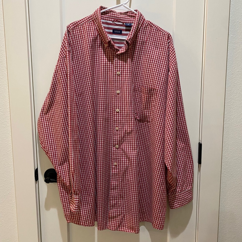 IZOD Men's Long Sleeve Shirt. Red/White Check. 3X. 100% Cotton.